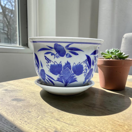 Bleu Blanc Porcelain Cachepots with Matching Saucers