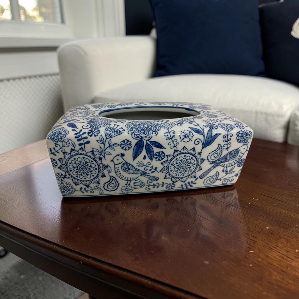 Bleu Blanc Hand-Painted Tissue Box