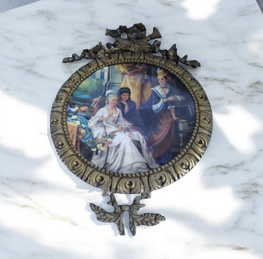 Framed Porcelain Plate Tableau – “Ladies of the Palace” Scene – Antique Brass Frame