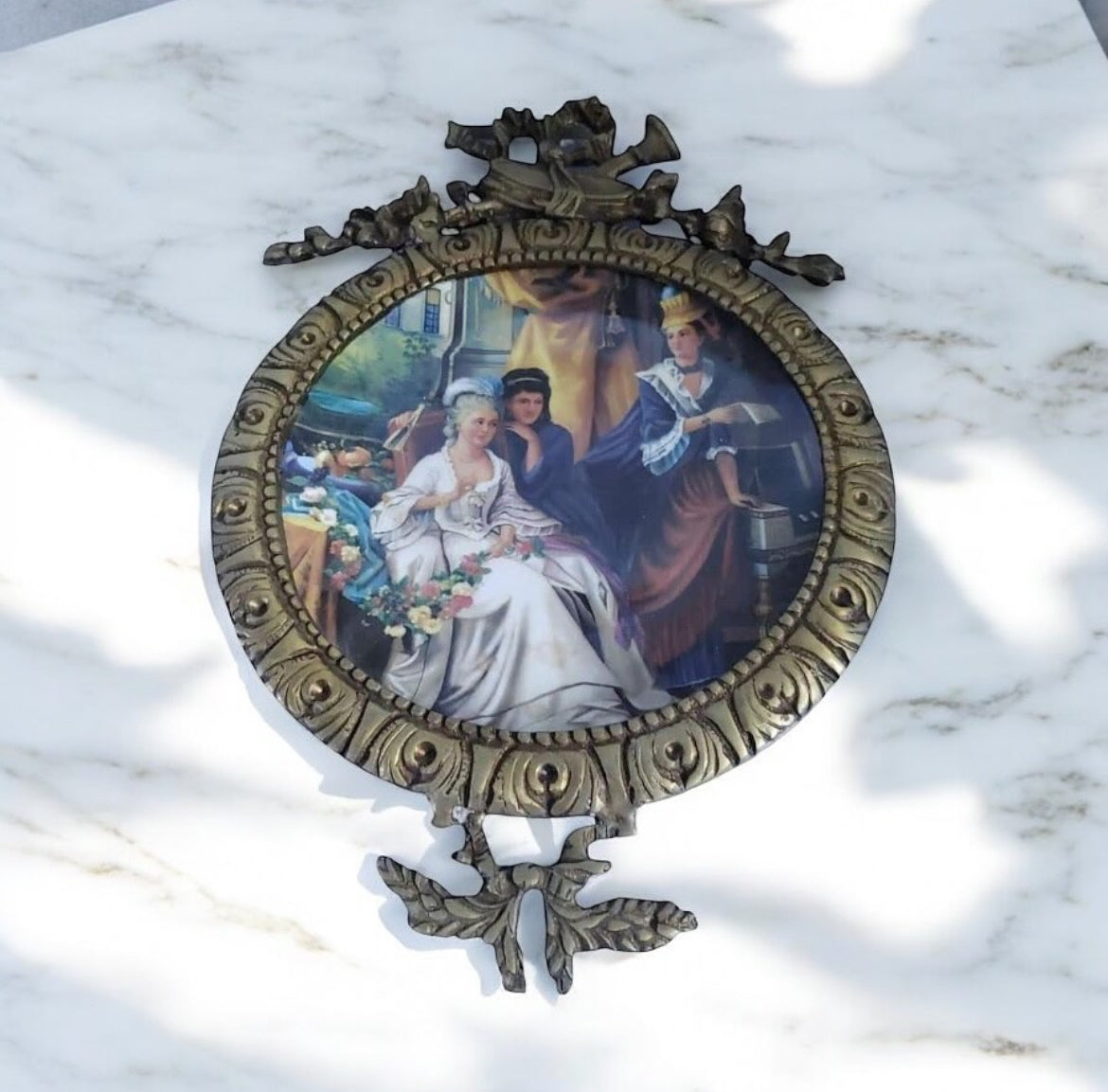 Framed Porcelain Plate Tableau – “Ladies of the Palace” Scene – Antique Brass Frame
