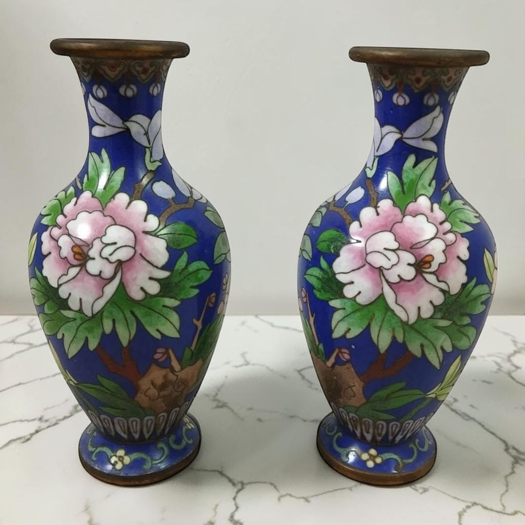 Vintage Cloisonné Vase Pair – Smooth Finish – China