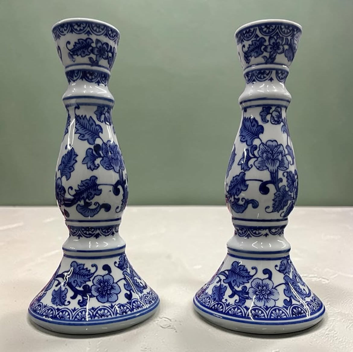 Bleu Blanc Hand-Painted Candle Holders