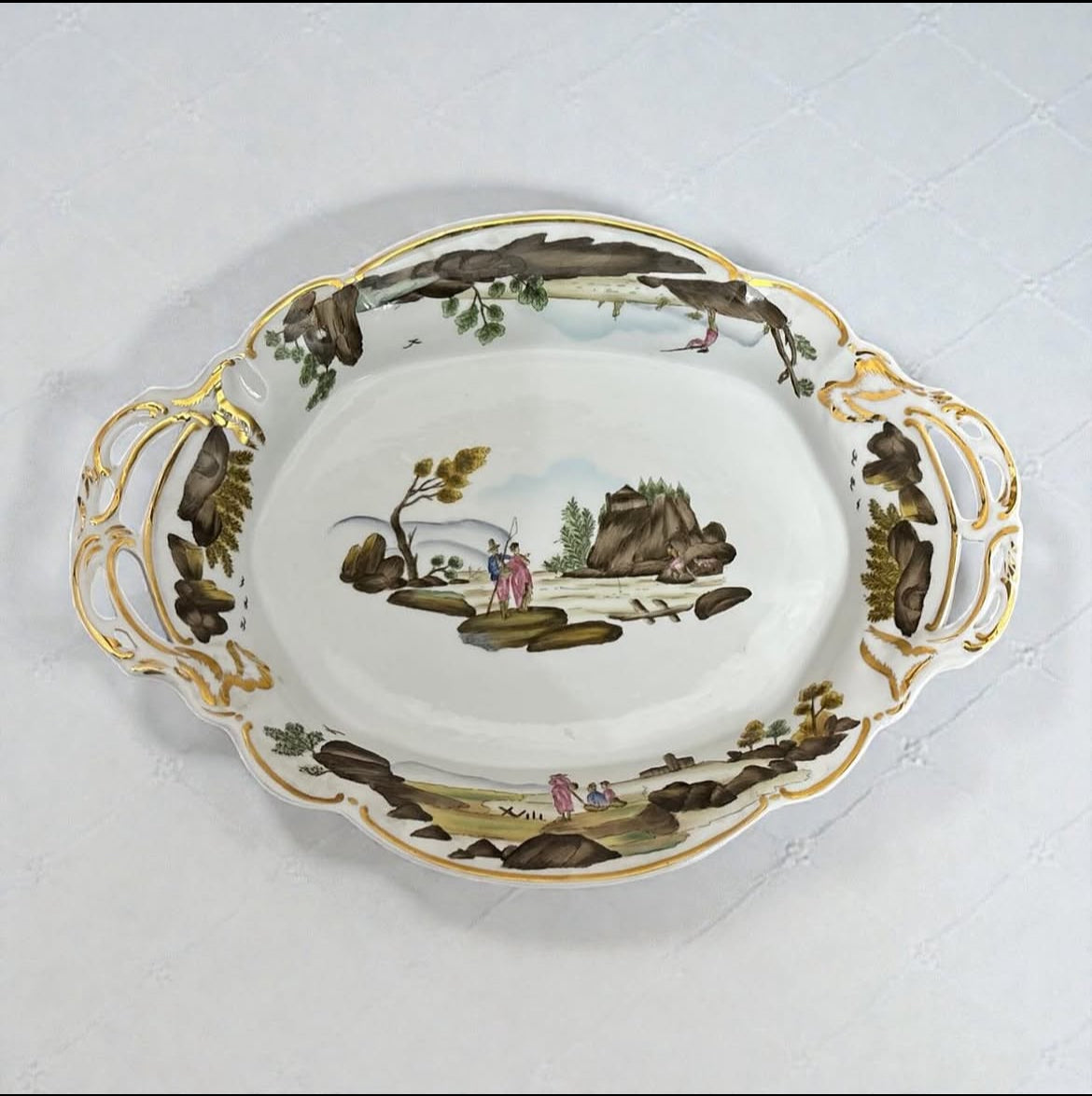 Hand-Painted Gold-Accented Fishermen Porcelain Platter