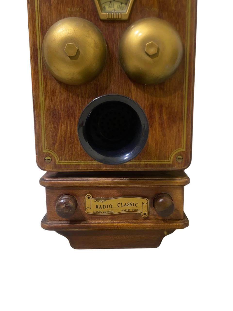 Vintage European Handcrafted Oak Radio & Clock with Bronze Inlay