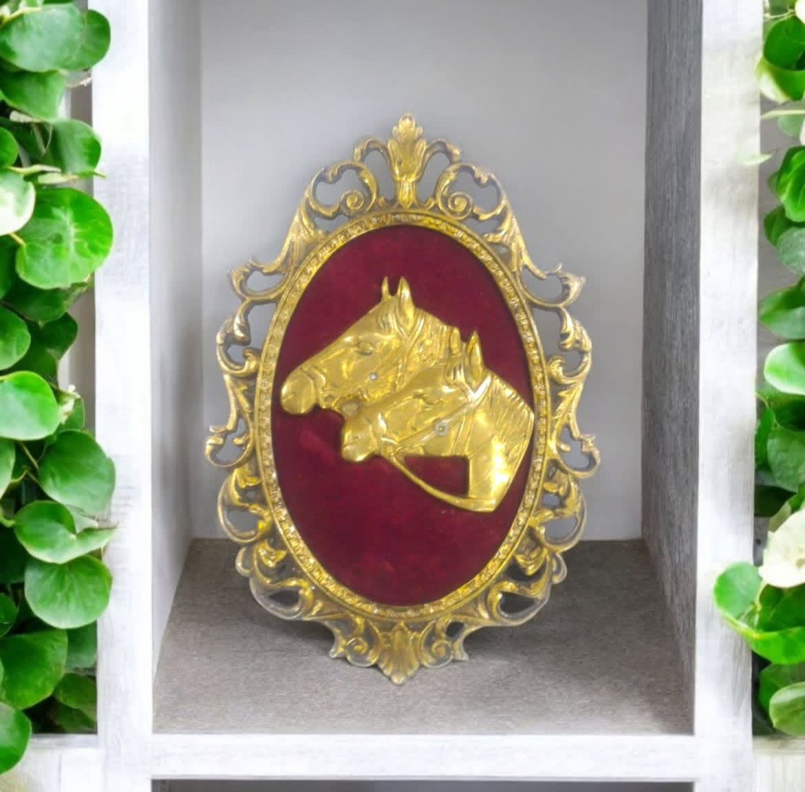 Brass Horse Relief Frame: Velvet Backdrop & Ornate Detail