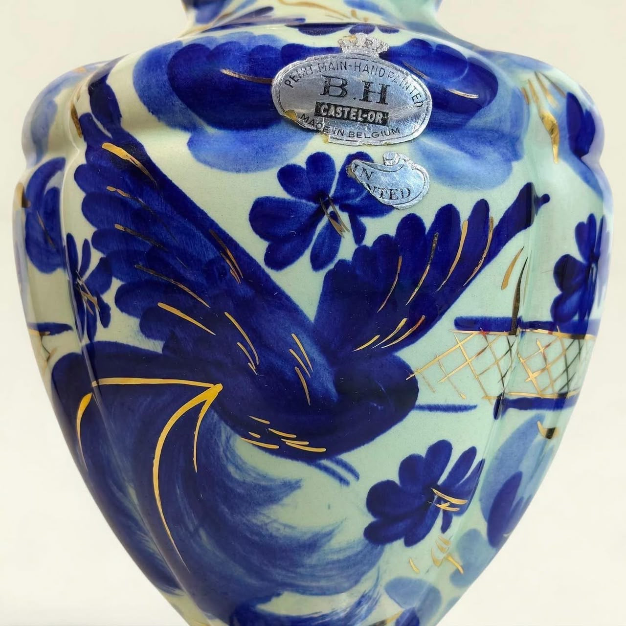 Antique Belgian Hand-Painted Bleu Blanc Porcelain Vase with Gold Accents