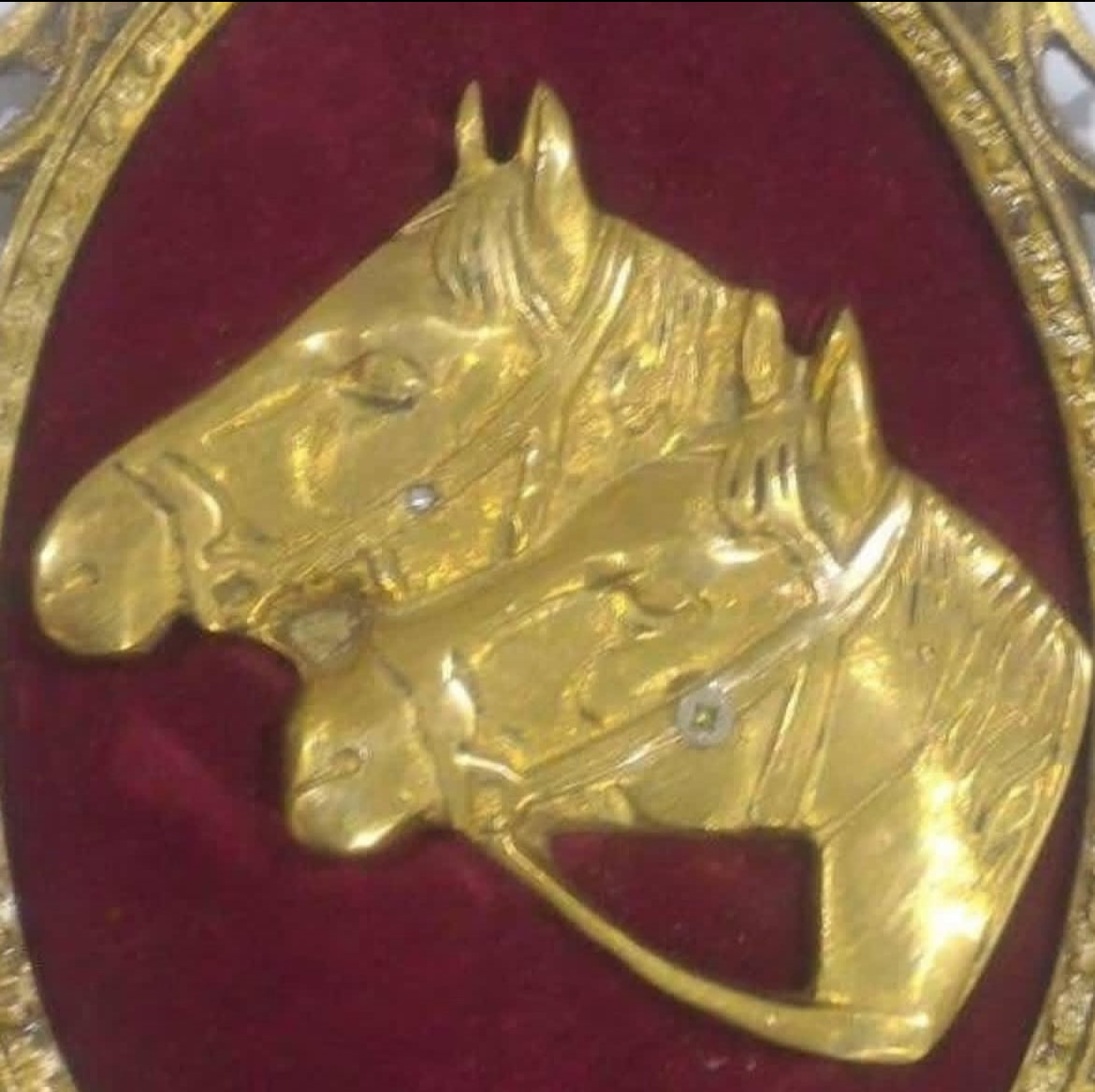 Brass Horse Relief Frame: Velvet Backdrop & Ornate Detail