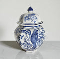 Bleu Blanc Hand-Painted Potiche with Parrot & Floral Motifs