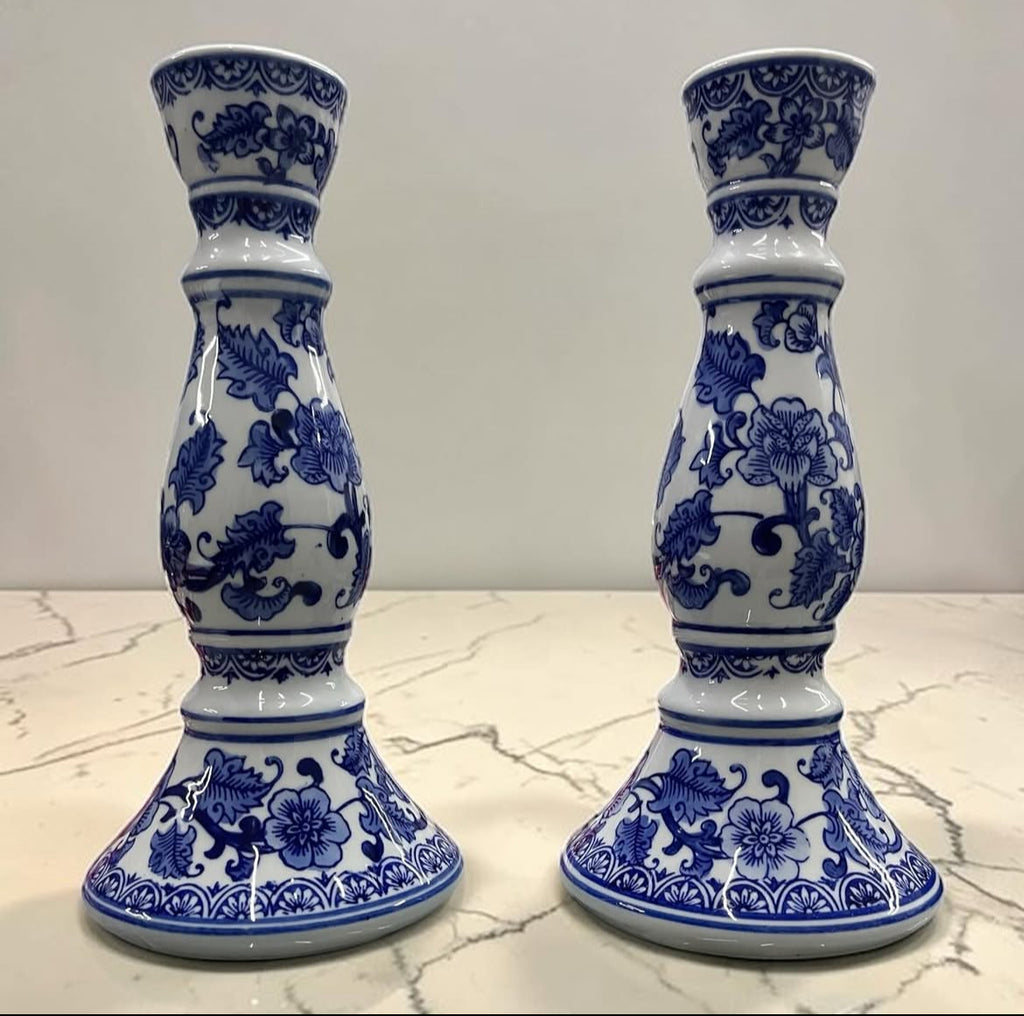 Bleu Blanc Hand-Painted Candle Holders
