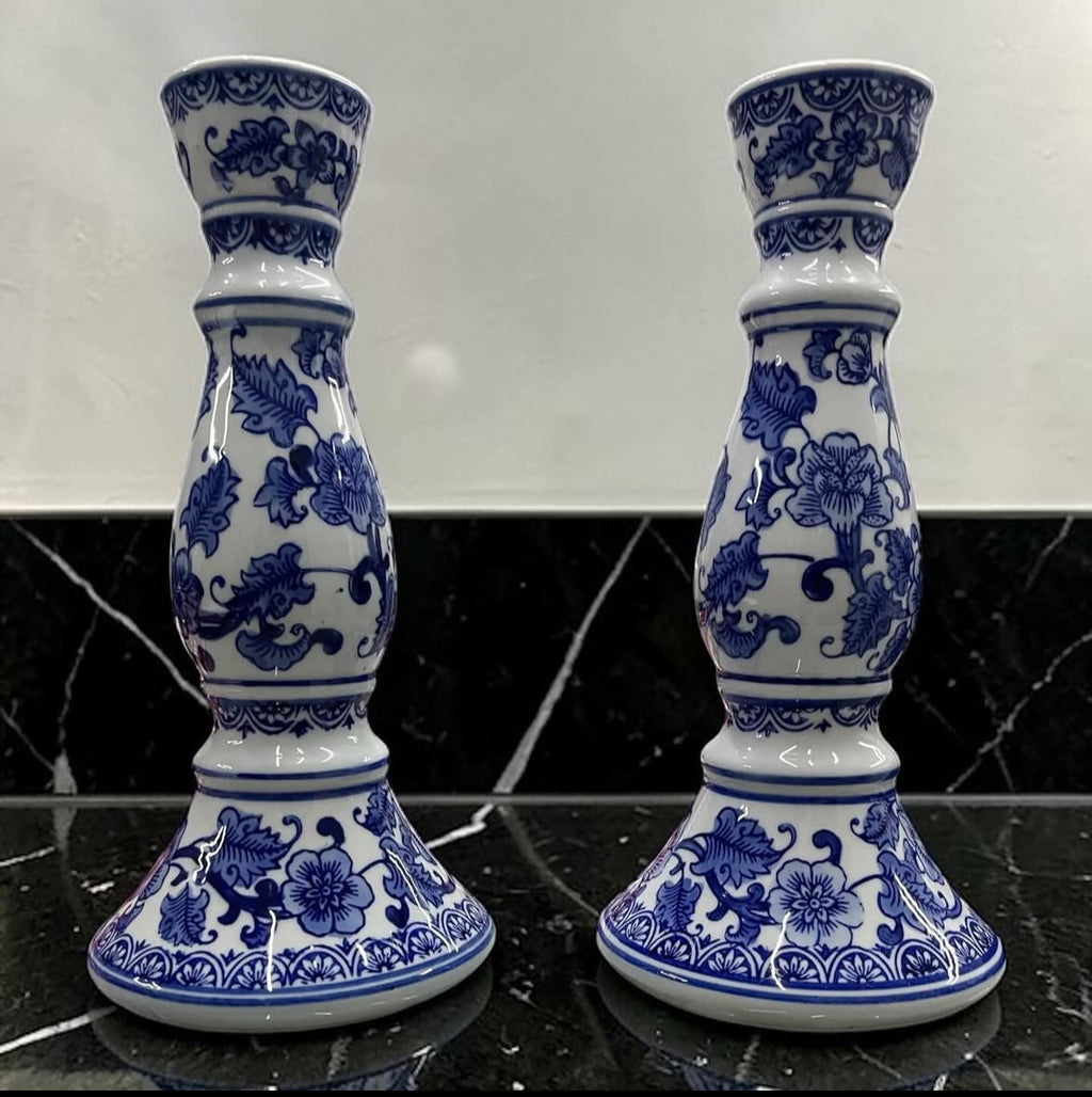 Bleu Blanc Hand-Painted Candle Holders