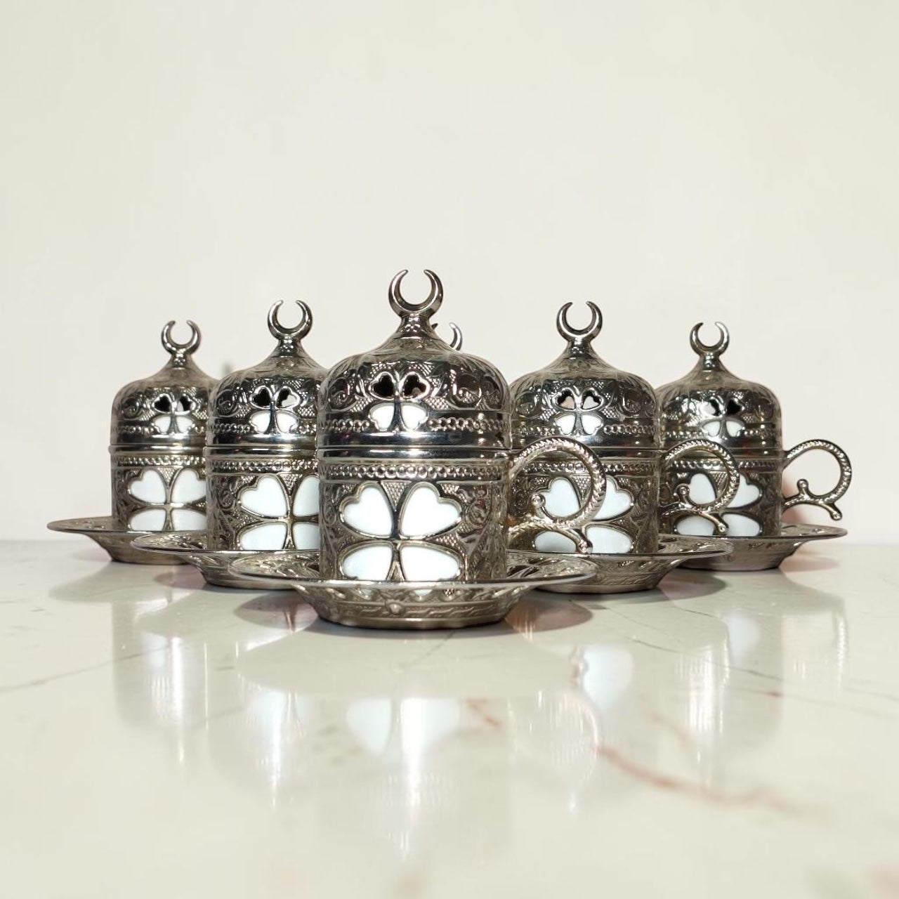Turkish Metal Coffee Set with Tray – Islamic Design – 6 Cups