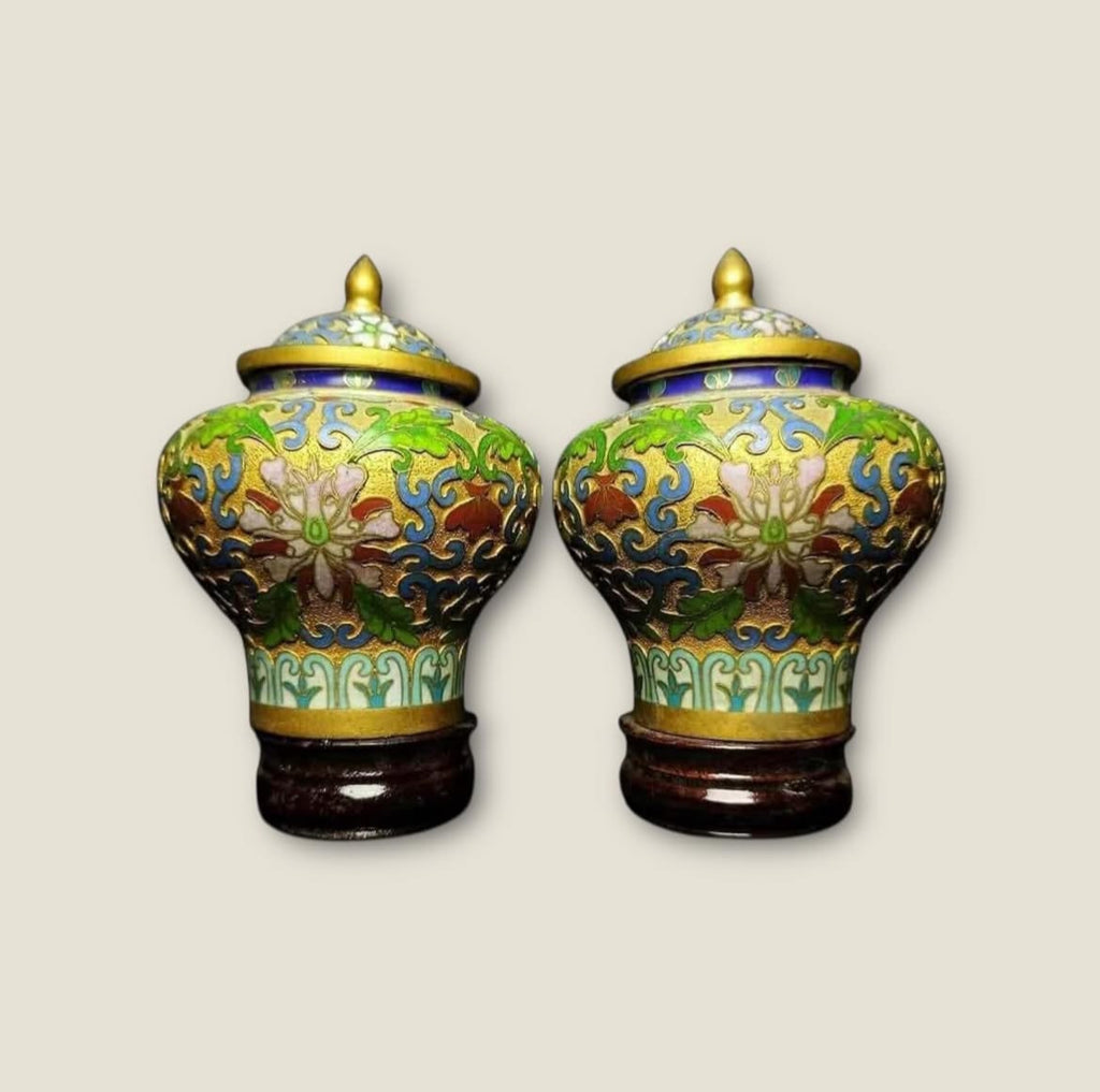 Antique Cloisonné Potiche – Ornate Enamel on Wooden Stand