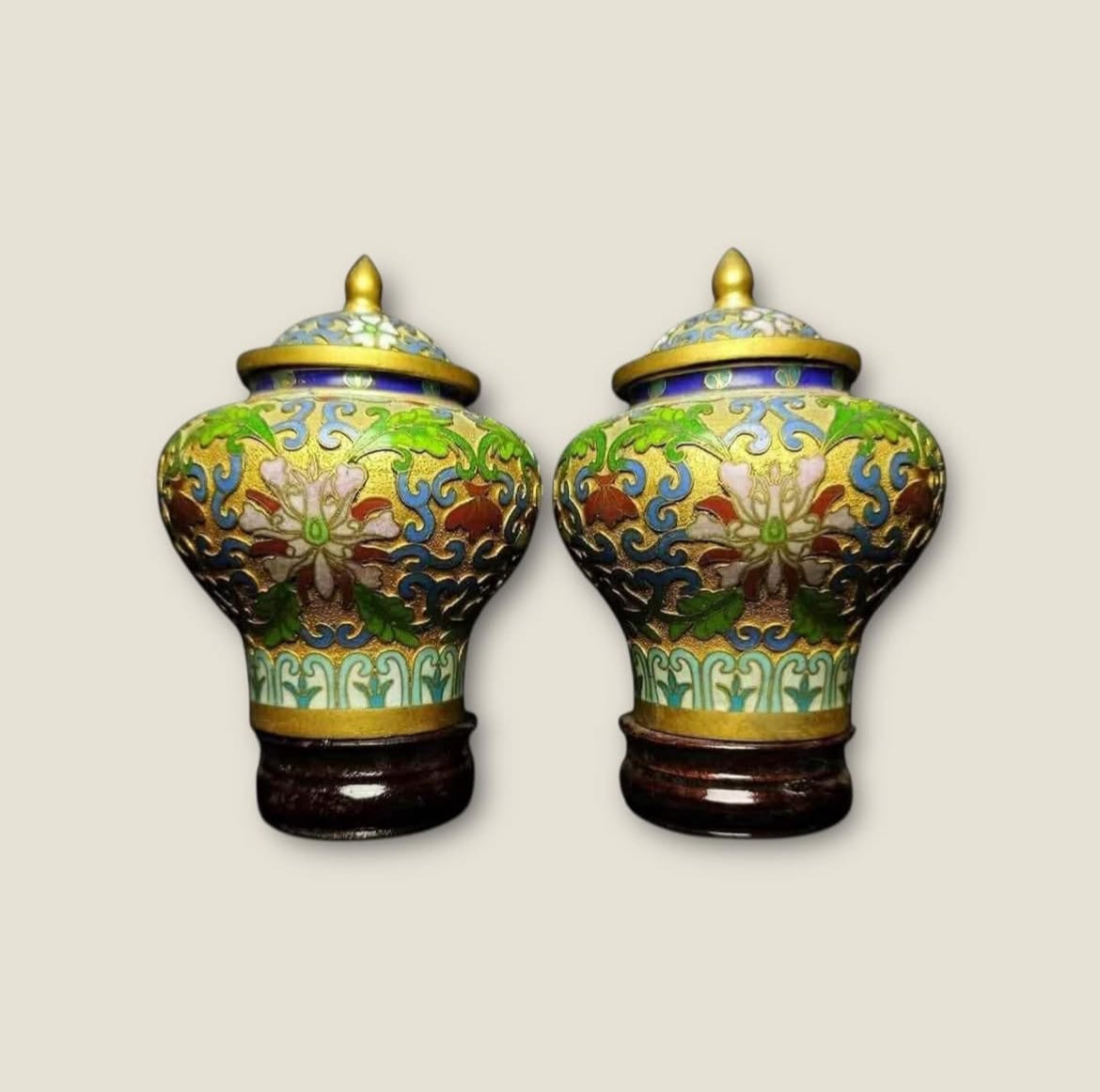 Antique Cloisonné Potiche – Ornate Enamel on Wooden Stand