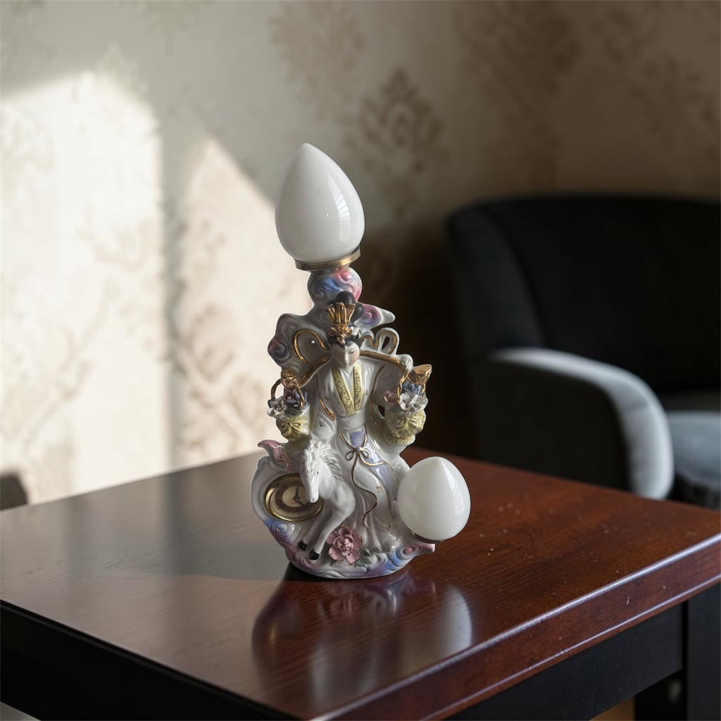 Large Chinoiserie Lady, Horse & Floral Lamp with Clock