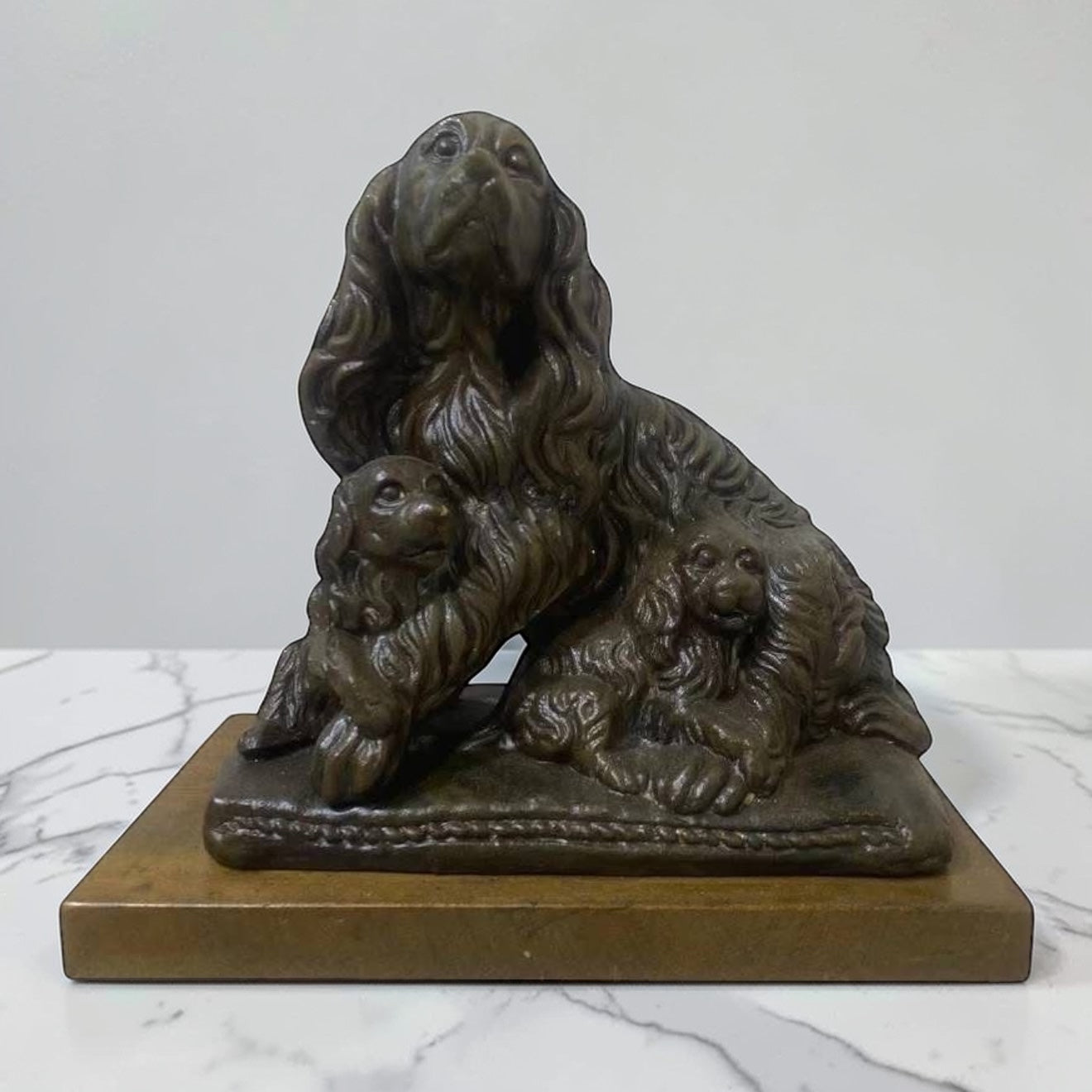 Authentic Antique French Spelter (Semi-Bronze) Statue – Three Dogs – Solid Wood Base