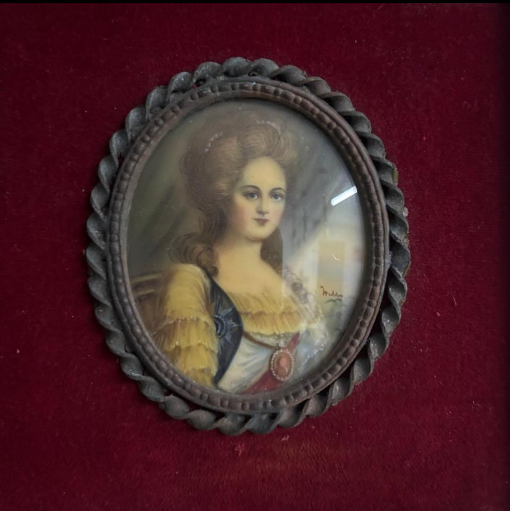 French Miniature Framed Tableau – Girl Motif – Silver-Inlaid Frame