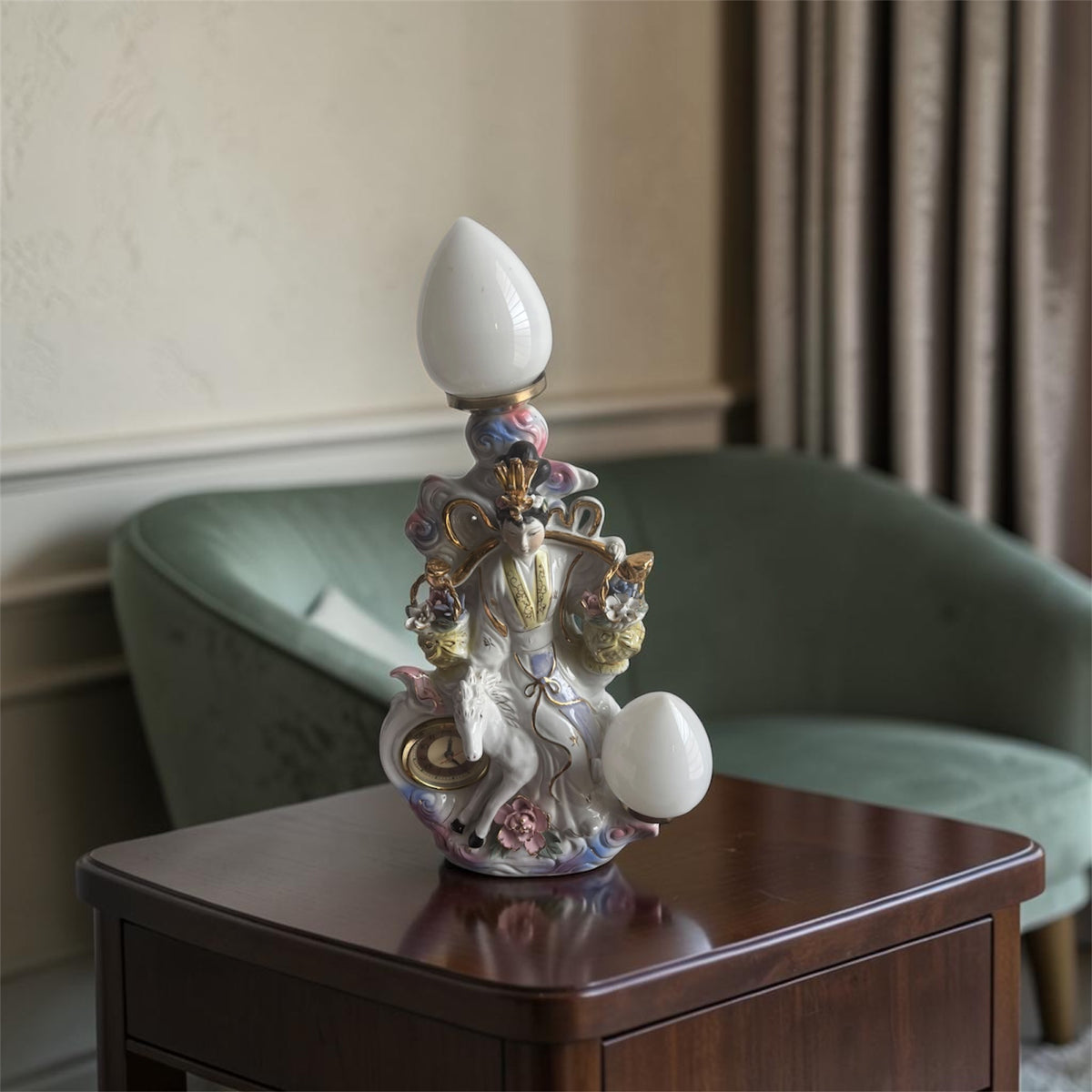 Large Chinoiserie Lady, Horse & Floral Lamp with Clock