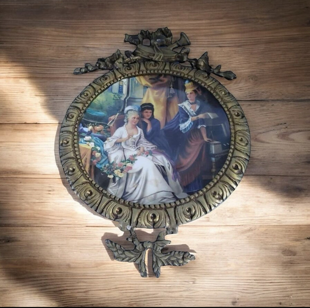 Framed Porcelain Plate Tableau – “Ladies of the Palace” Scene – Antique Brass Frame