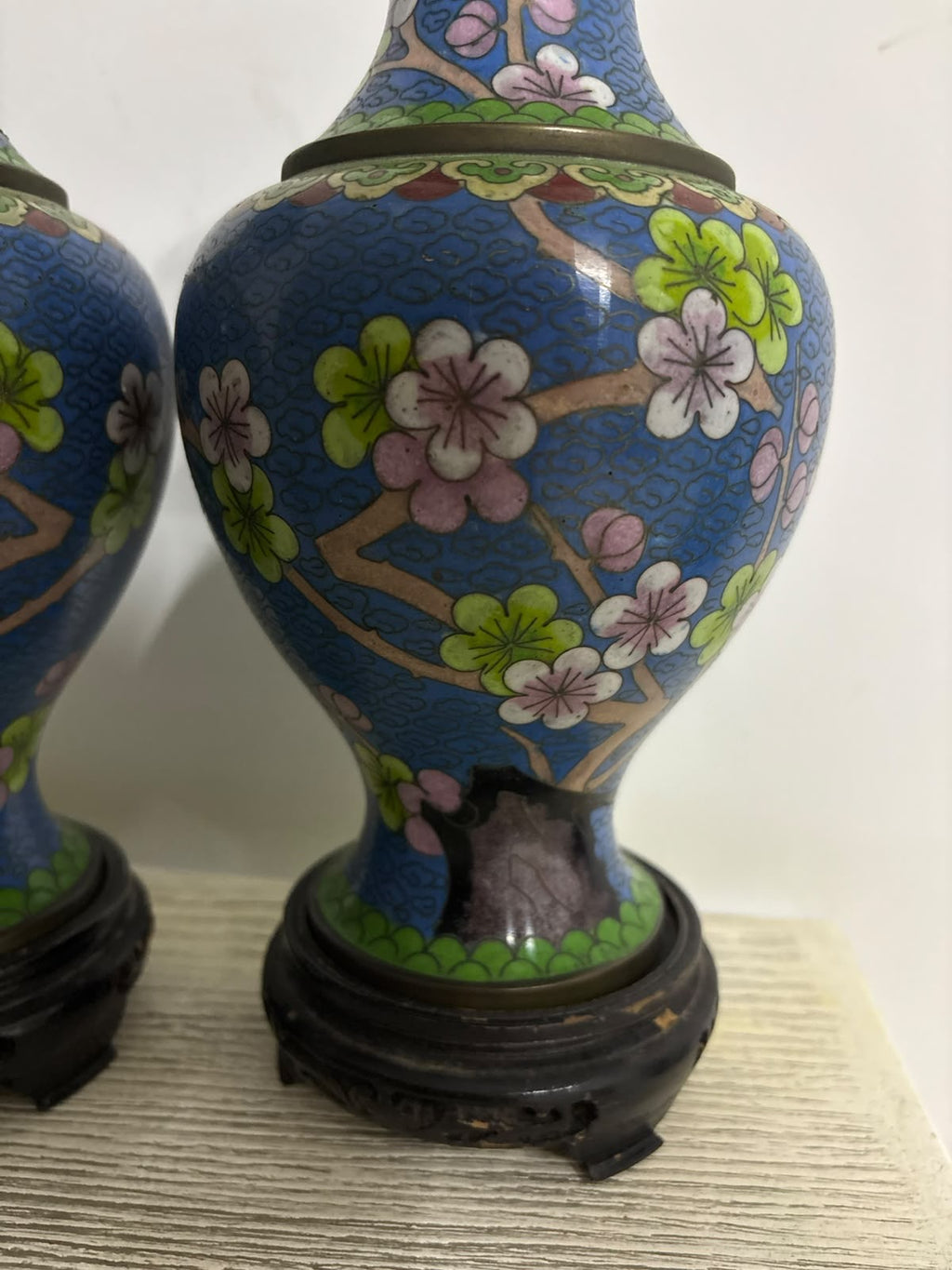 Smooth Cloisonné Vase with Floral & Bird Motifs and Base