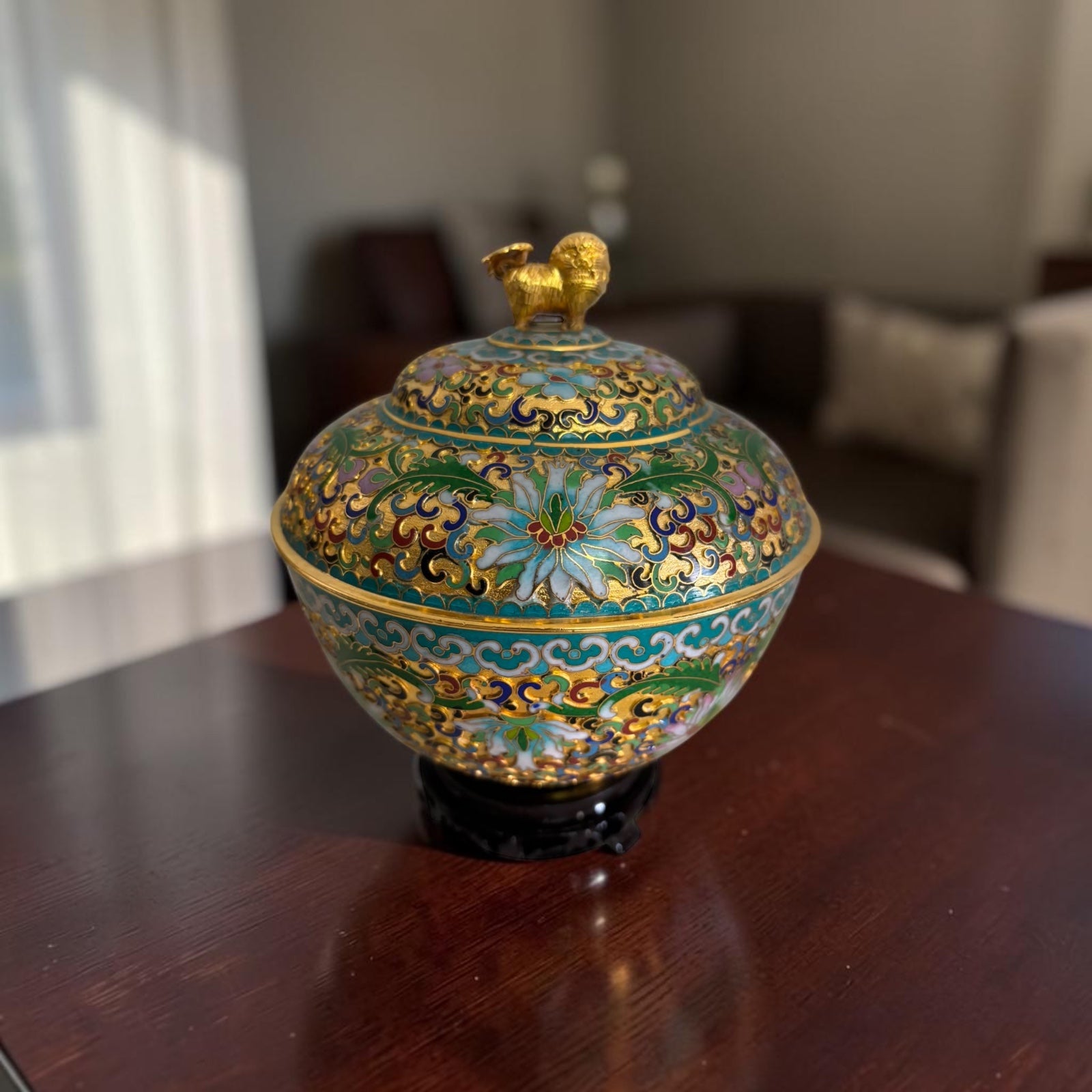 Raised Cloisonné Lidded Jar with Lion Finial – Wooden Base