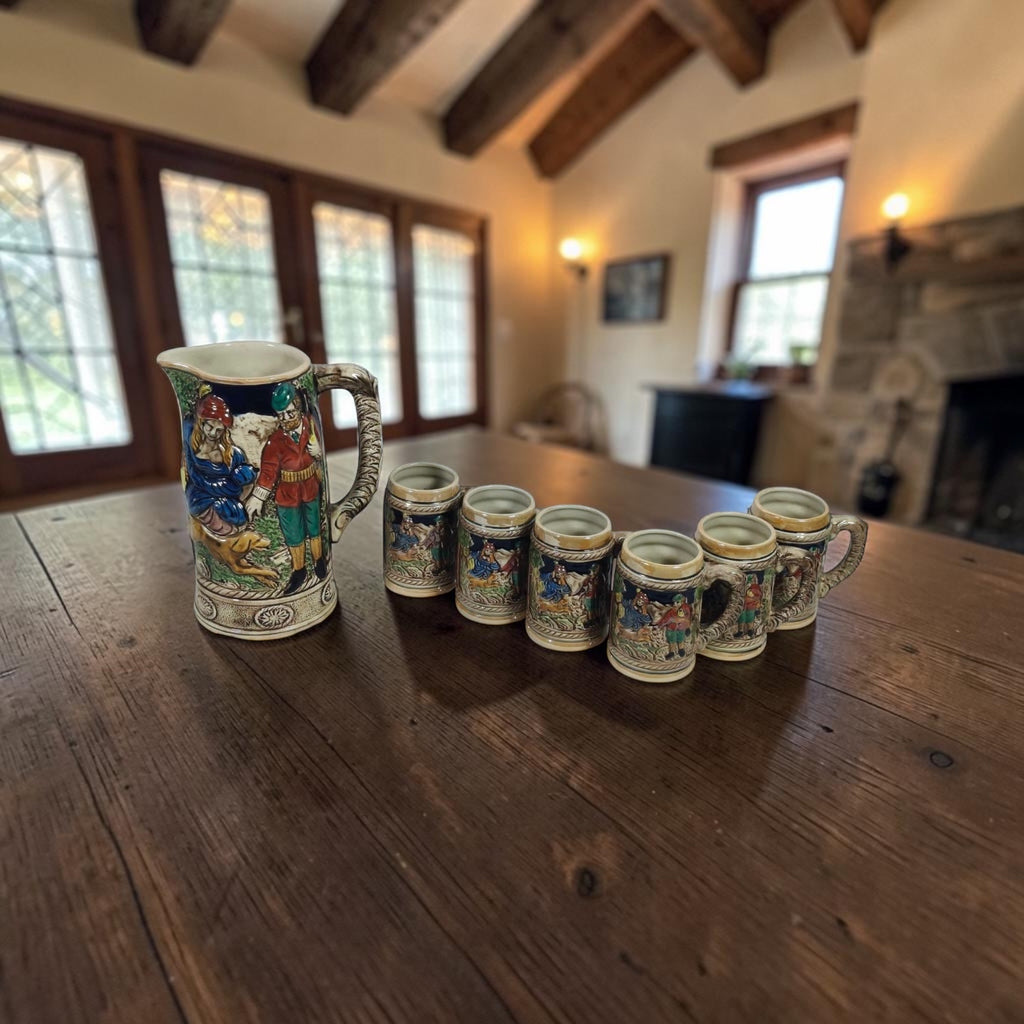 Antique Japanese Porcelain 7-Piece Set with Raised Figurines