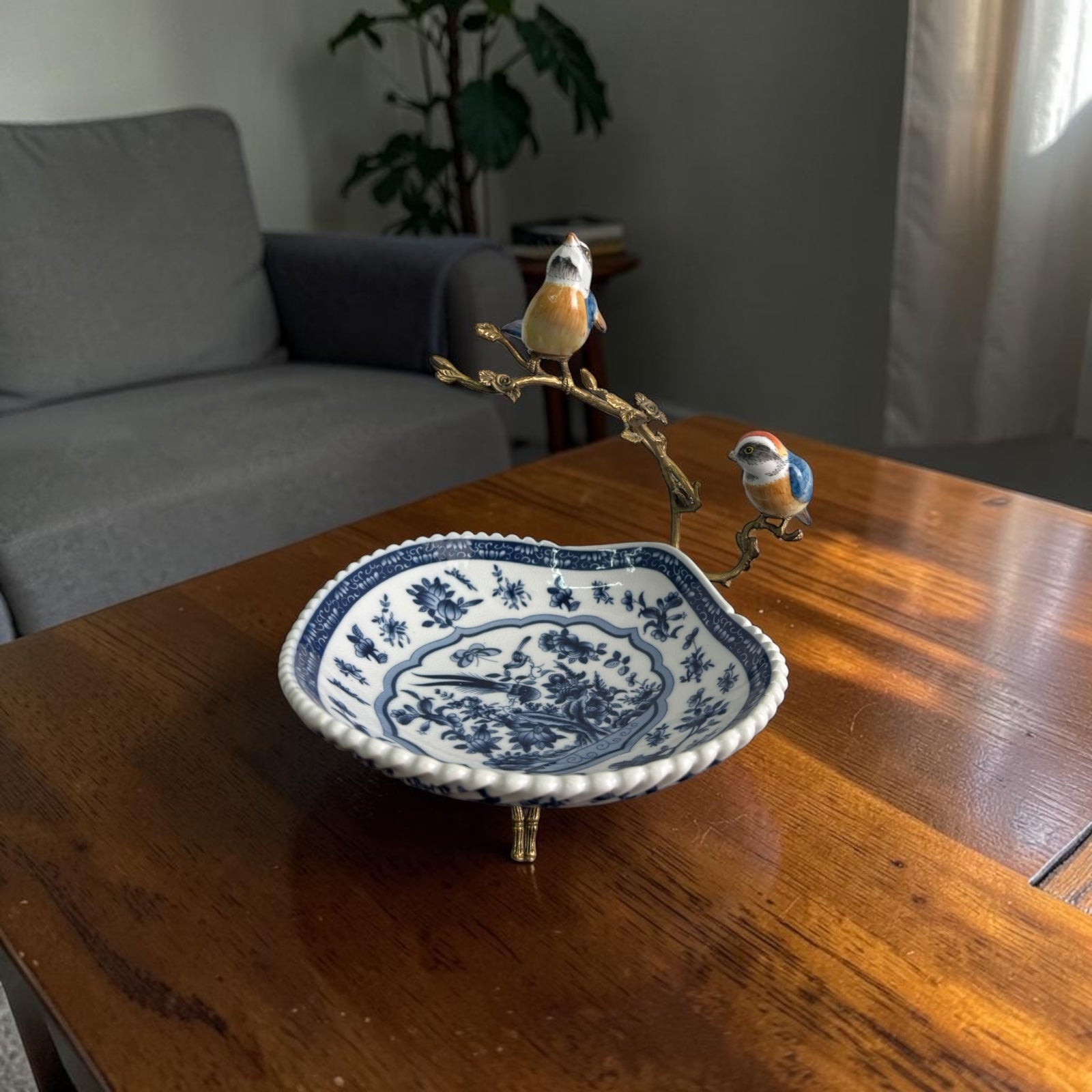 Stamped Bleu Blanc Chinoiserie Centerpiece with Bronze & Porcelain Birds