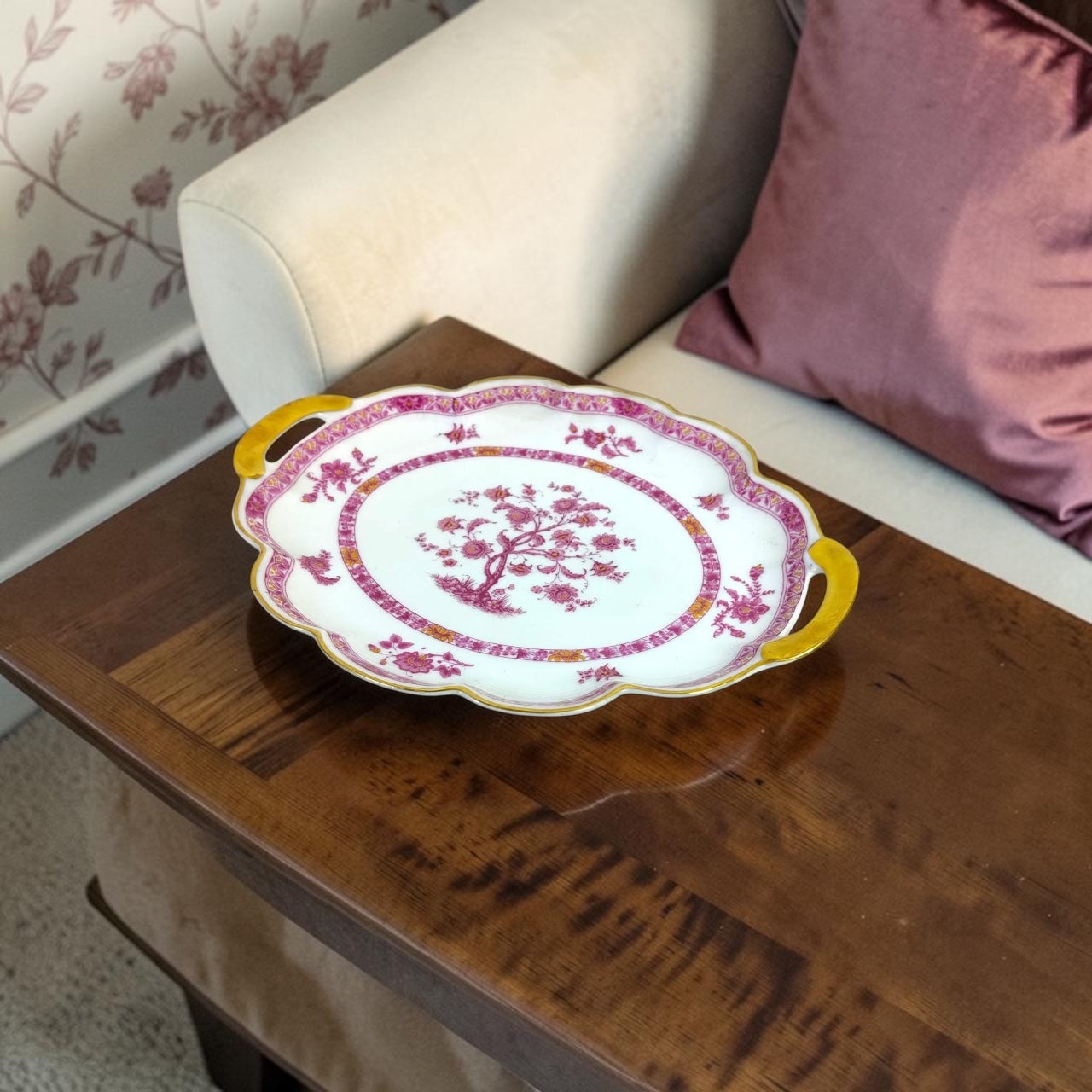 Limoges French Serving Platter – Pink Floral Design with Gold Detailing