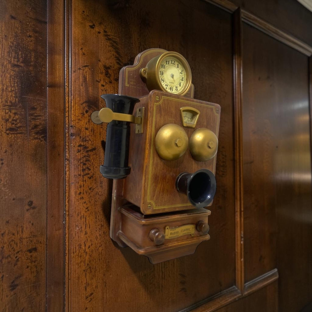 Vintage European Handcrafted Oak Radio & Clock with Bronze Inlay