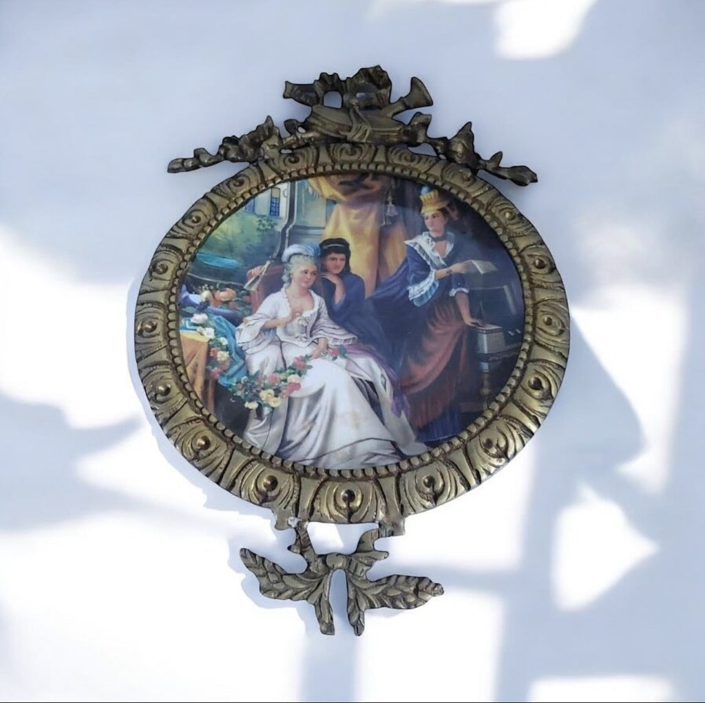 Framed Porcelain Plate Tableau – “Ladies of the Palace” Scene – Antique Brass Frame