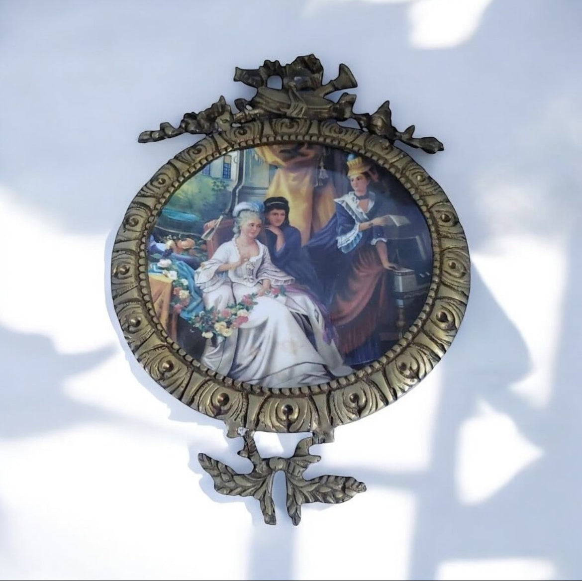 Framed Porcelain Plate Tableau – “Ladies of the Palace” Scene – Antique Brass Frame