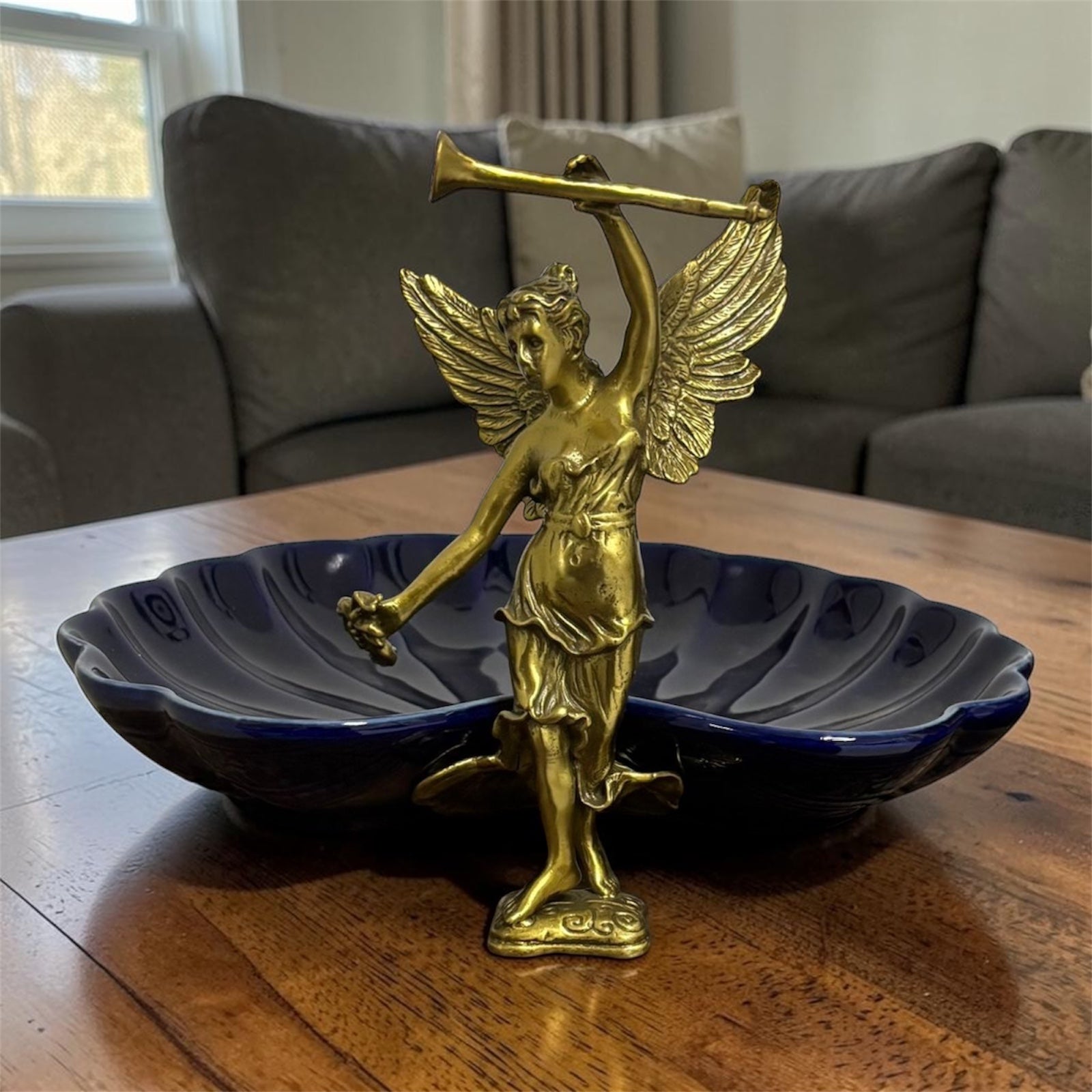 Stamped Porcelain Centerpiece with Solid Bronze Figurine – Cobalt Color