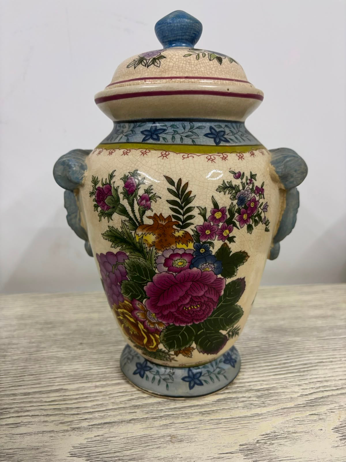 Antique Hand-Painted Chinoiserie Floral Potiche with Crackle Glaze