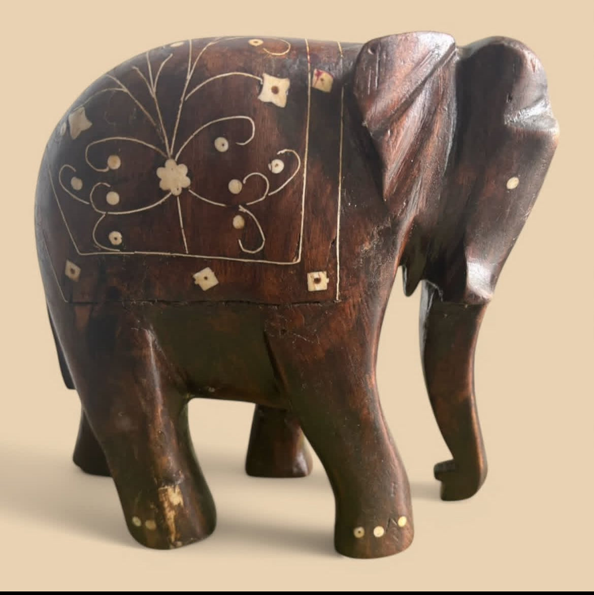 Indian Rosewood Elephant: Hand-Carved with Natural Ivory Inlay