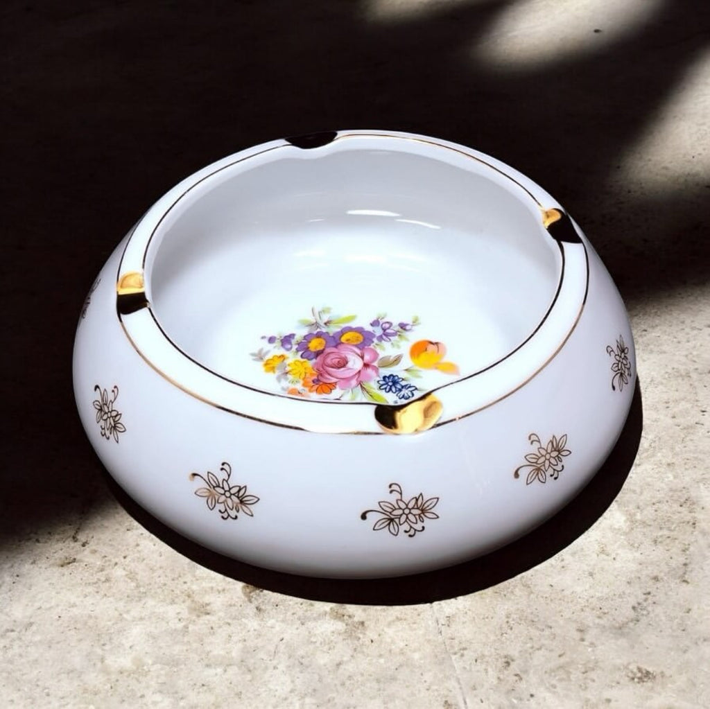 Japanese Porcelain Ashtray with Floral Design
