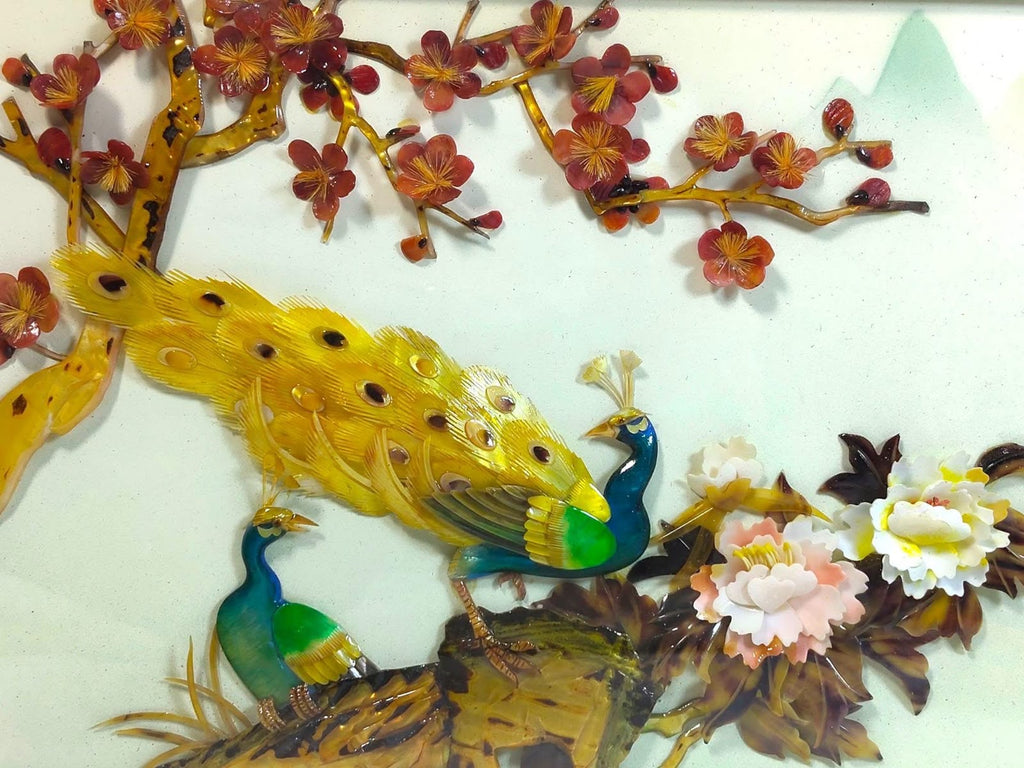 Wooden Frame with Raised Jade Floral & Bird Artwork