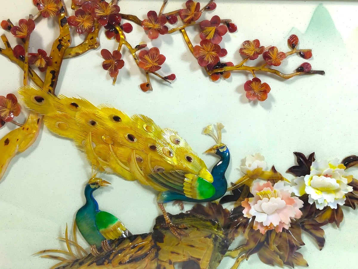 Wooden Frame with Raised Jade Floral & Bird Artwork