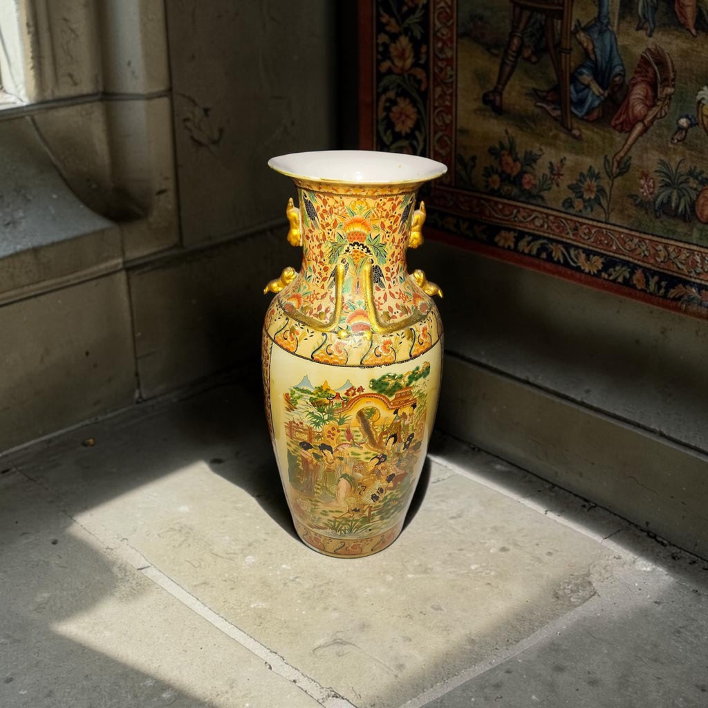 Large Chinoiserie Porcelain Vase – Raised Miniature Artwork – Hand Made with Gold Detailing