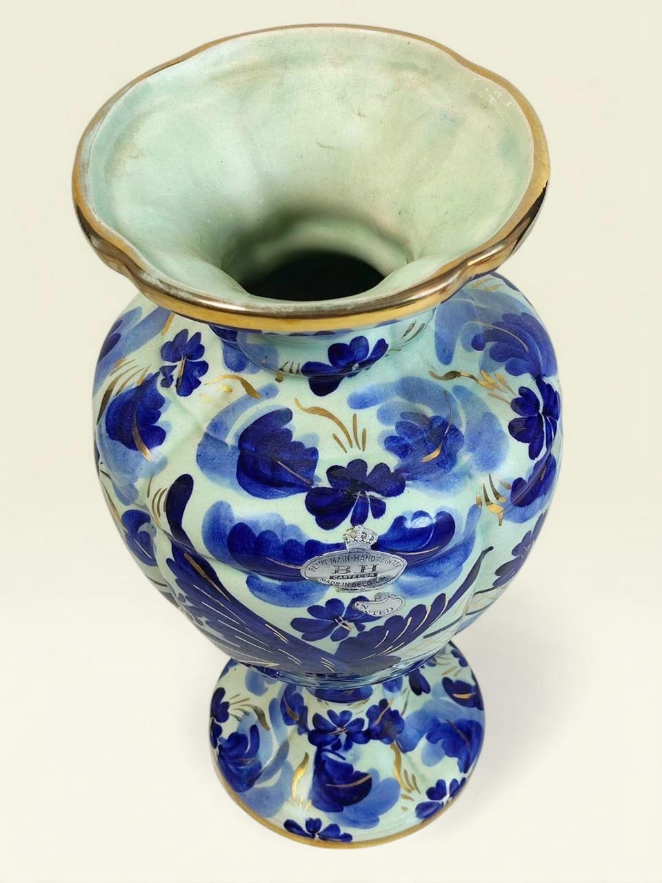 Antique Belgian Hand-Painted Bleu Blanc Porcelain Vase with Gold Accents