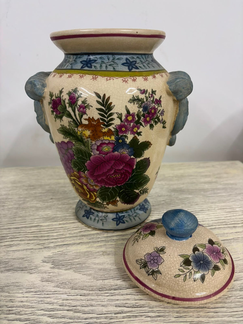 Antique Hand-Painted Chinoiserie Floral Potiche with Crackle Glaze