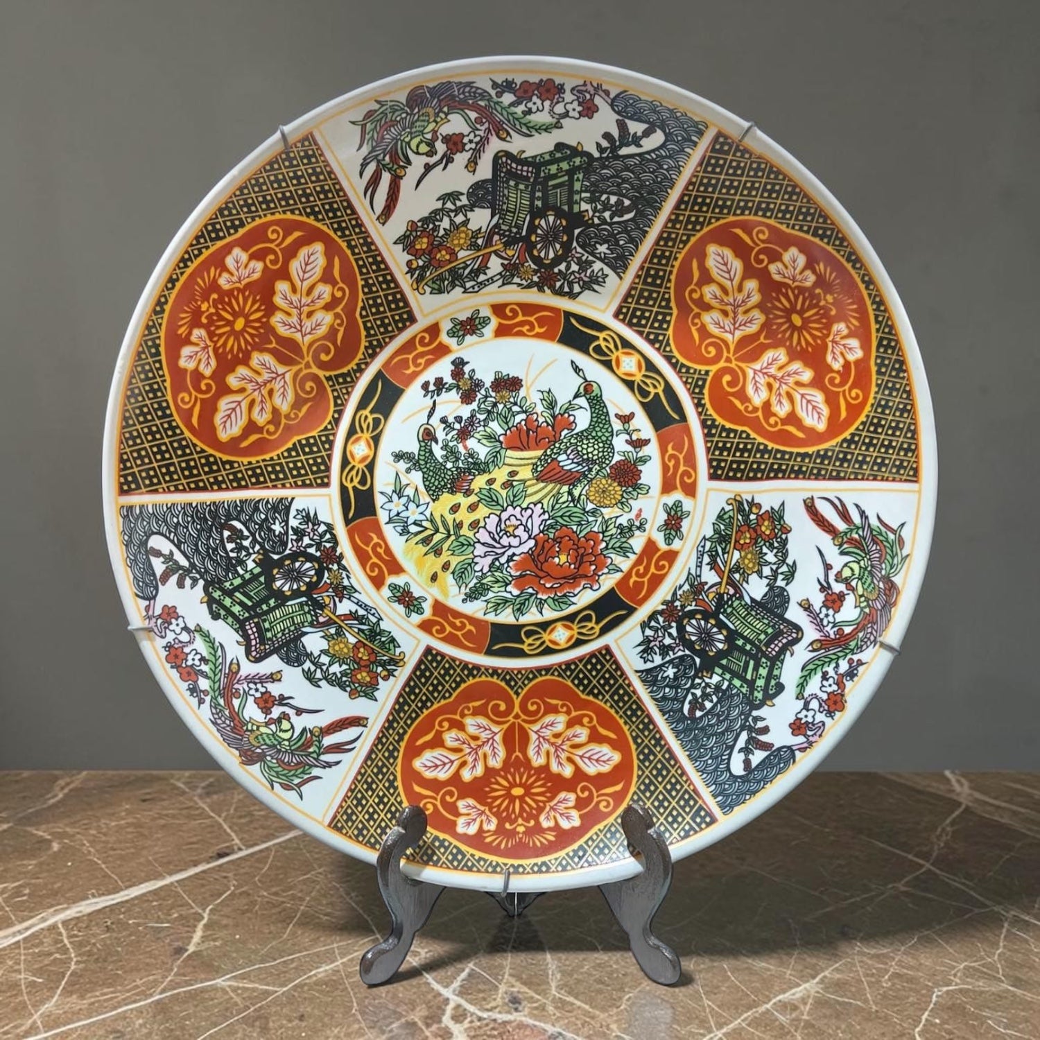 Large Chinoiserie Porcelain Platter – Huifeng Stamped – Gold & Miniature Design