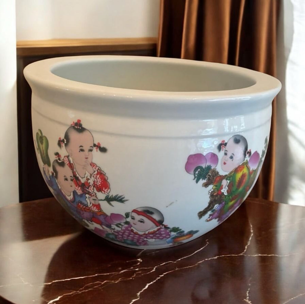 Antique Canton Cachepot – Red Seal – Japanese Children Motif
