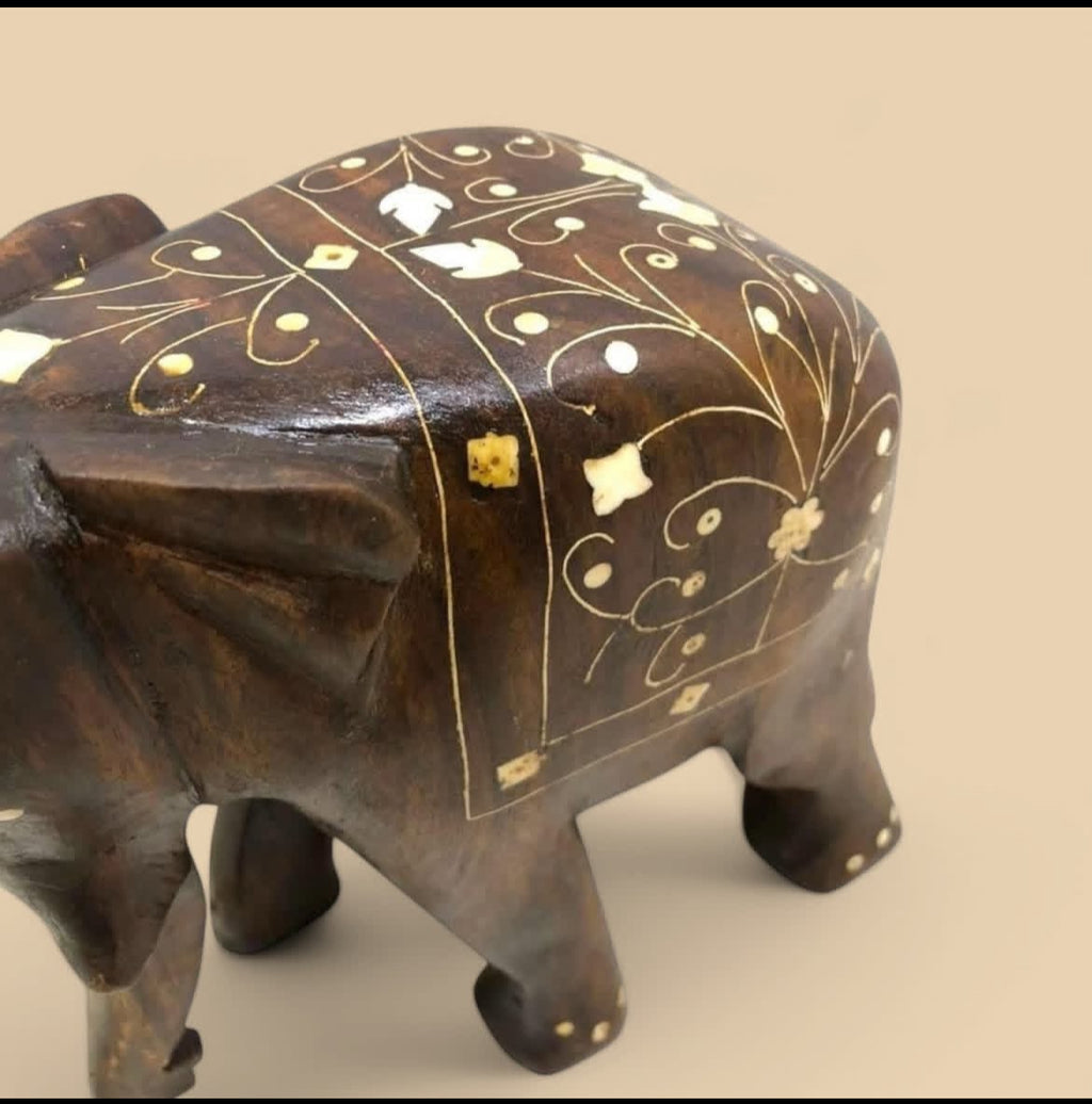 Indian Rosewood Elephant: Hand-Carved with Natural Ivory Inlay