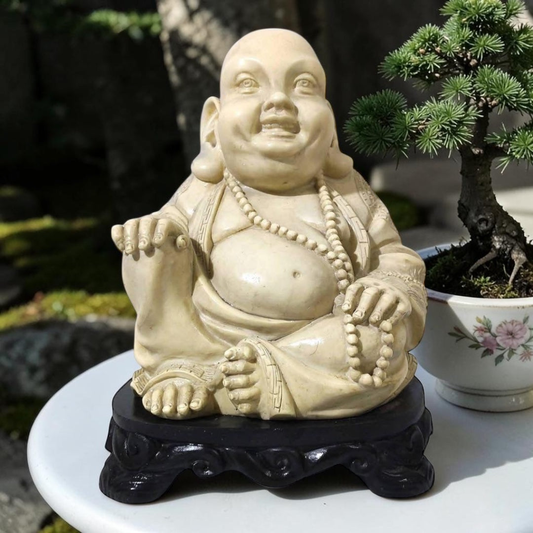 Large Chinoiserie Buddha Statue – Cream Tone – Wooden Base