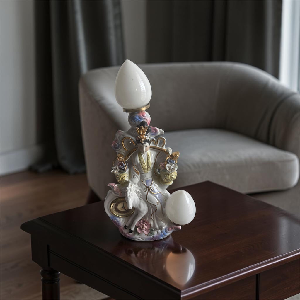 Large Chinoiserie Lady, Horse & Floral Lamp with Clock
