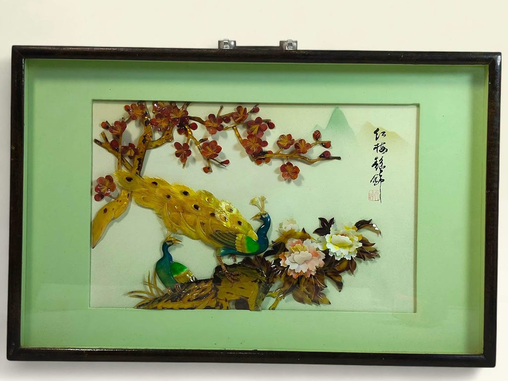 Wooden Frame with Raised Jade Floral & Bird Artwork