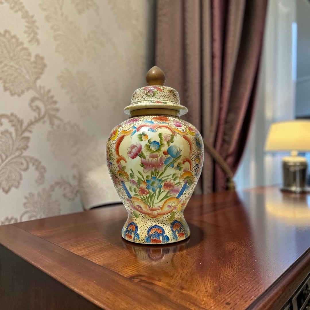 Large Chinoiserie Potiche with Hand-Painted Floral Miniatures & Gold Accents