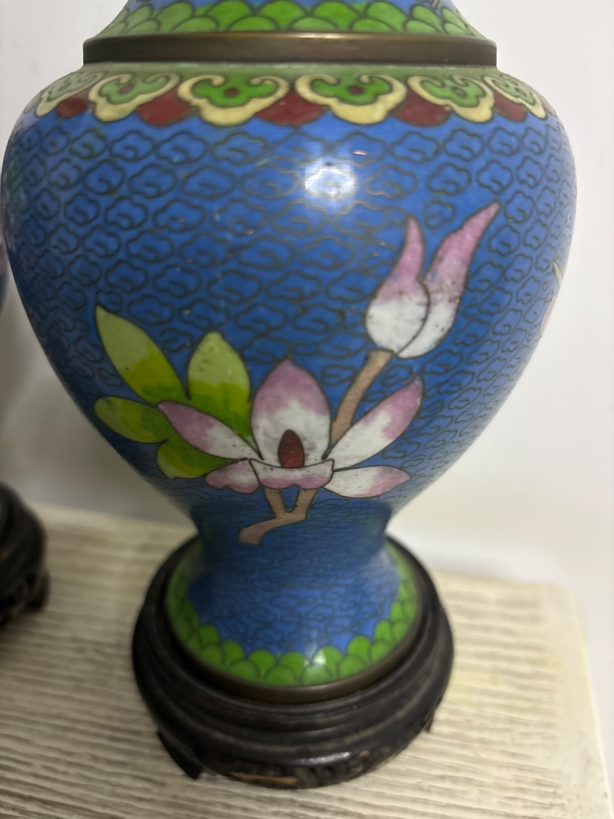 Smooth Cloisonné Vase with Floral & Bird Motifs and Base