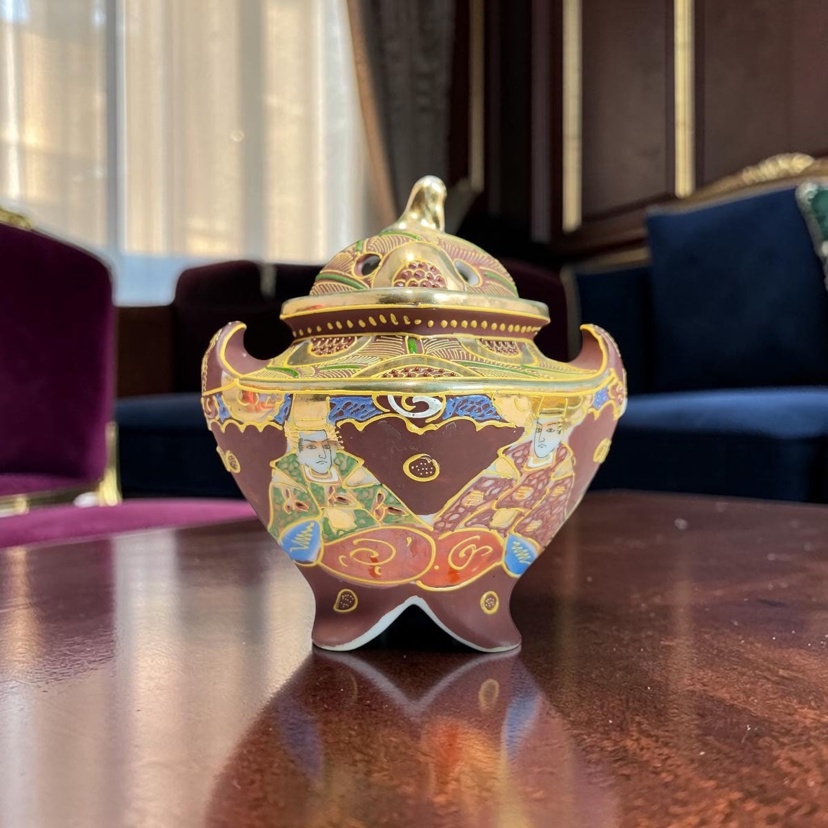 Stamped Chinoiserie Lidded Jar – Gold Detailing & Miniature Artwork