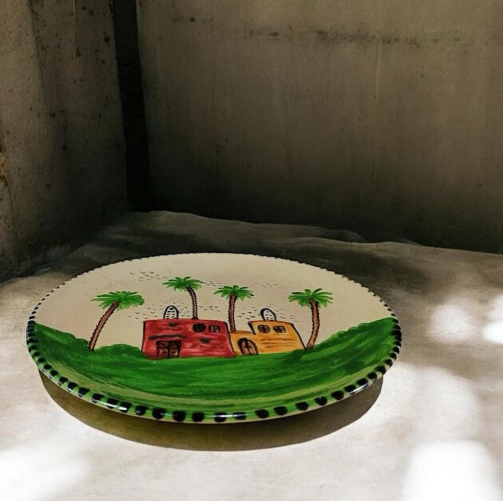 Large Egyptian Countryside Painted Pottery Platter