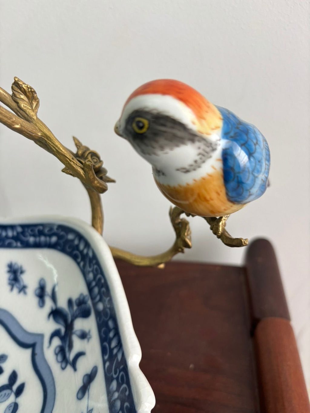 Stamped Bleu Blanc Chinoiserie Centerpiece with Bronze & Porcelain Birds
